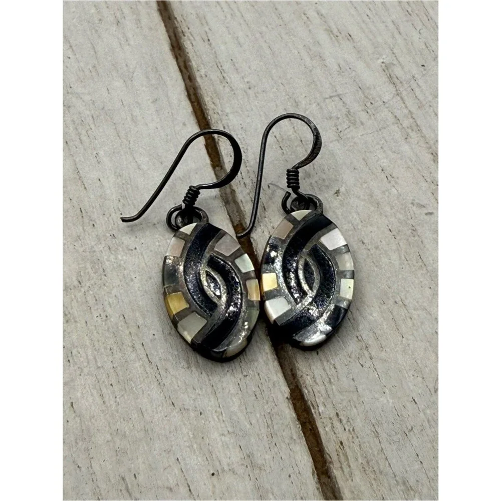 Handmade mother of pearl Black and Silver Inlay Oval Drop Earrings